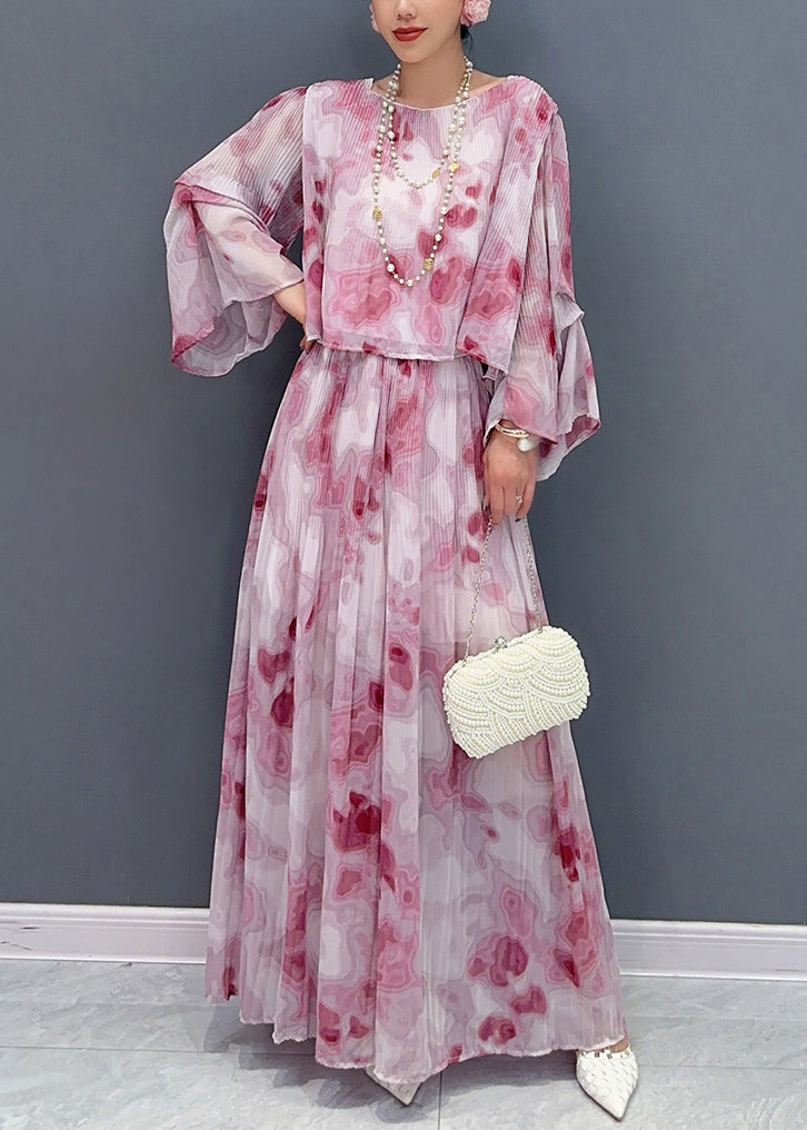 Red O-neck Chiffon Shirts and Maxi Skirts Two Pieces Set Fall