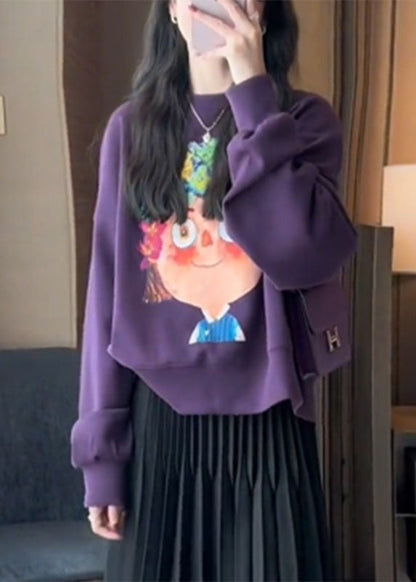 Handmade White O-neck Cartoon Print Pullover Fall