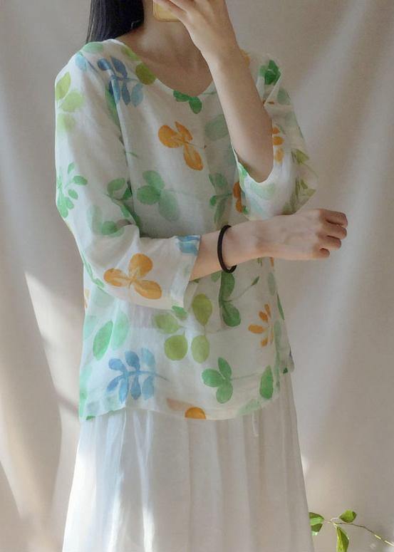 Classy O Neck Blouses for Shape Green Leaf Print Shirts