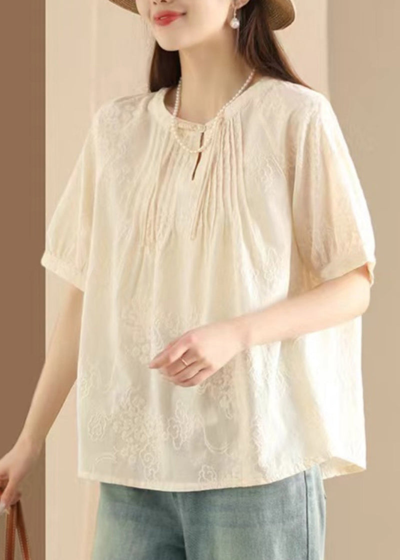 Apricot Embroidered Puff Sleeve Cotton Blouse Top