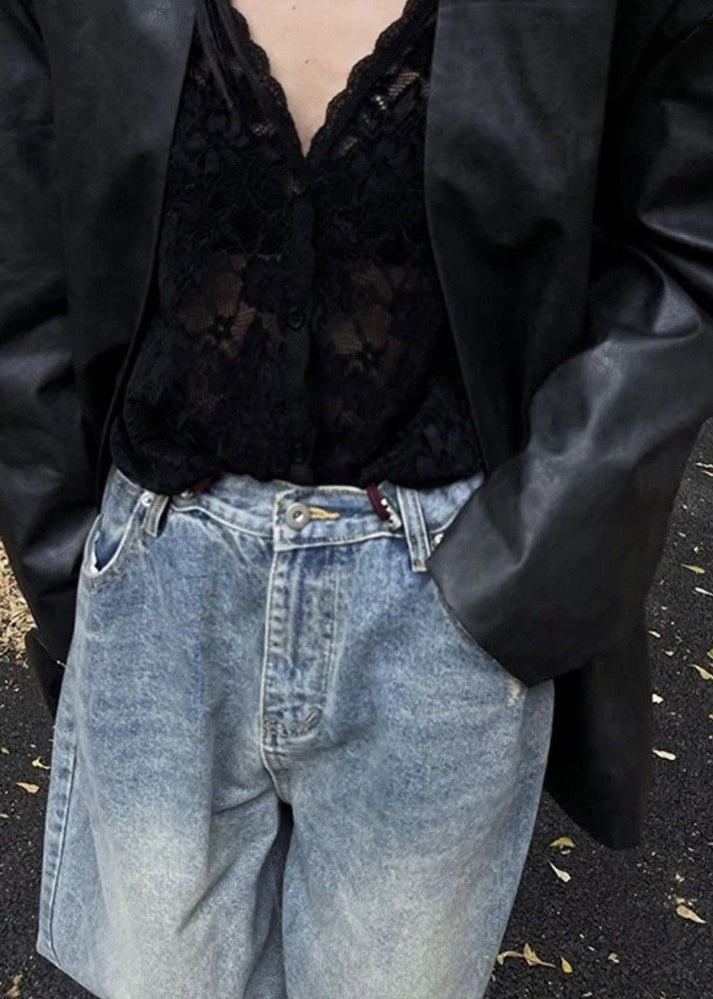 Black V Neck Hollow Out Lace Shirt Spring
