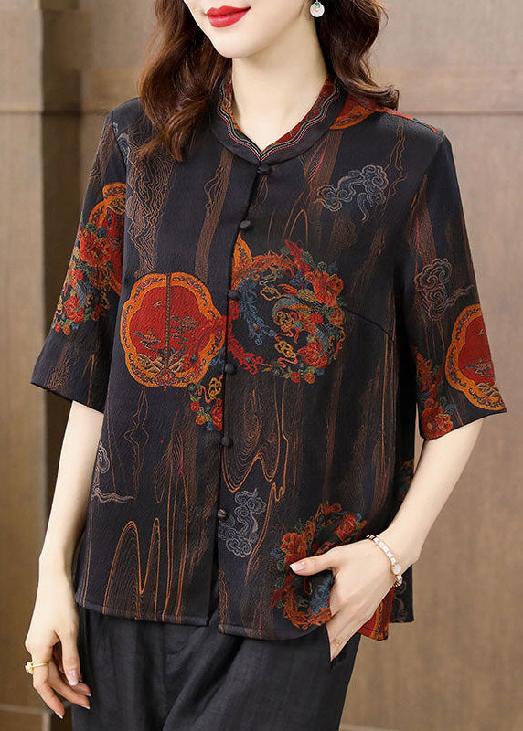 French Blue O-neck Print Button Silk Shirt Tops Half Sleeve