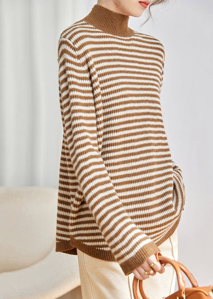 Modern Khaki High Neck Striped Knit Pullover Winter