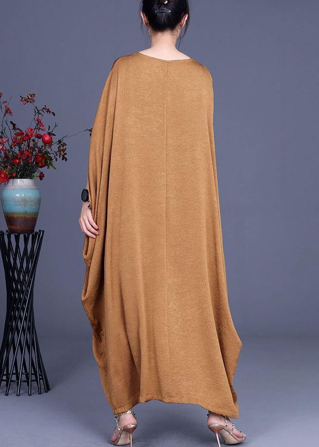 Diy Khaki Asymmetrical V Neck Summer Silk Sundress Bat Wing Sleeve