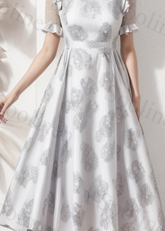 Beige Ruffled Print Silk Long Dresses Summer