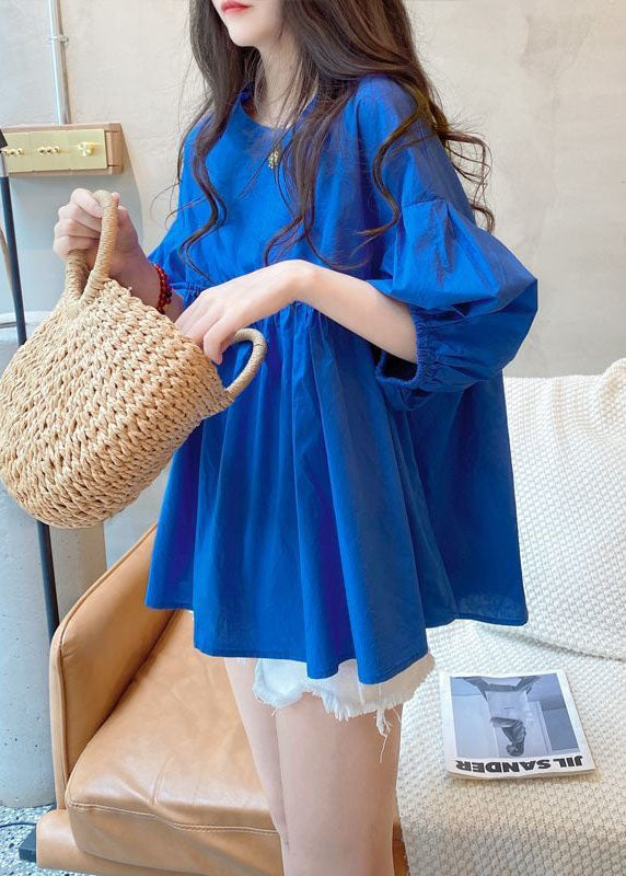 Blue O Neck Wrinkled Patchwork Cotton Shirt Tops Summer
