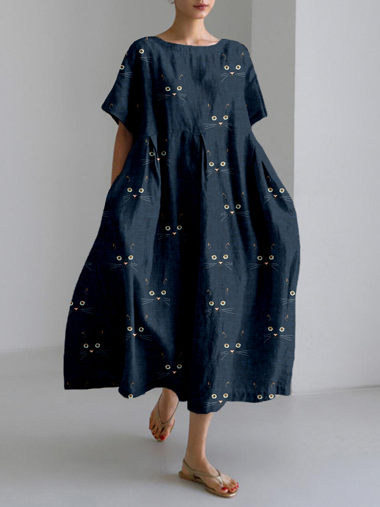 Comstylish Cute Cat Face Pattern Linen Blend Cozy Maxi Dress