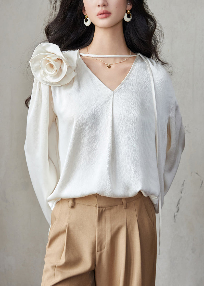 Green V Neck Lace Up Silk Blouses Fall