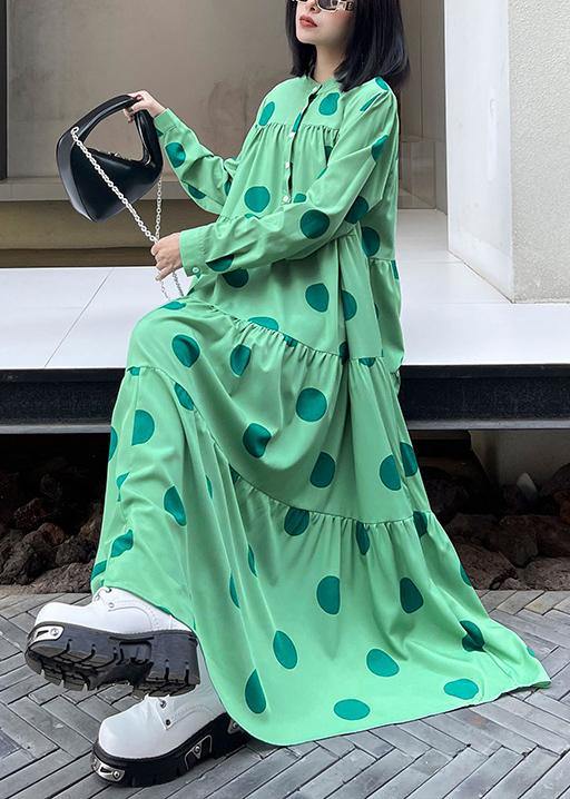 Stylish Green Dot Button Long Sleeve Dress Spring