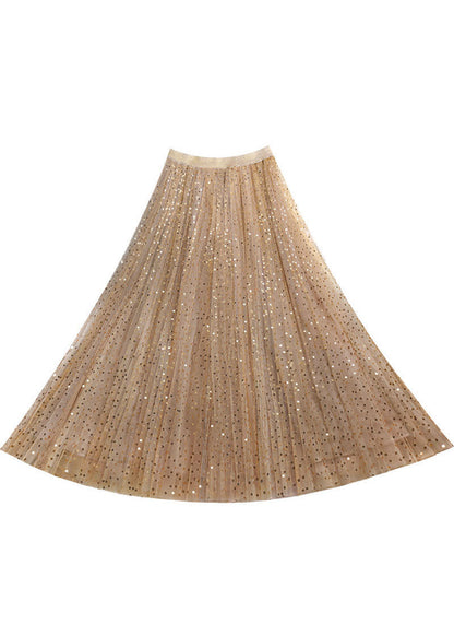 Khaki Embroideried Sequins Tulle a Line Skirt Spring