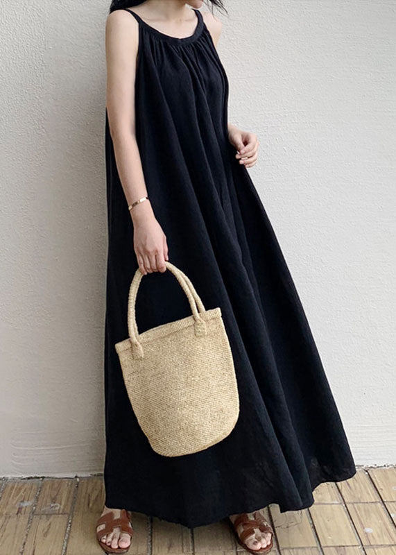 Black Patchwork Cotton Spaghetti Strap Holiday Dress Summer