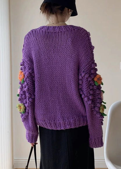 New Purple Button Patchwork Knit Coat Winter
