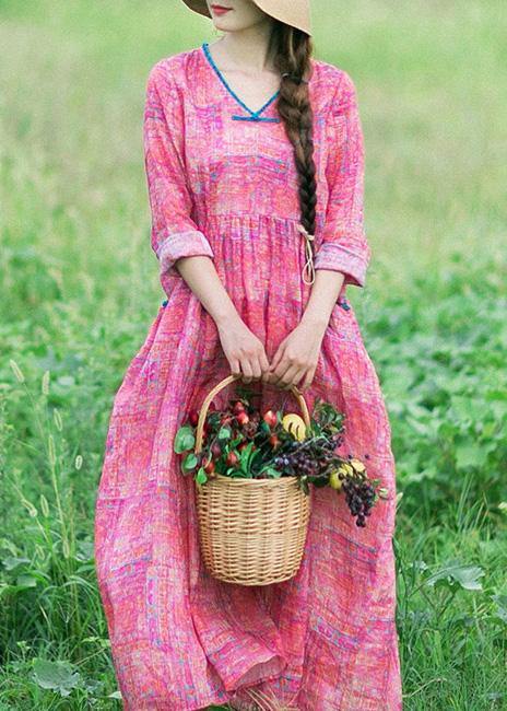 French Rose Print Clothes V Neck Patchwork Maxi Spring Dress