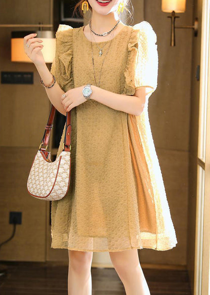 Classy Khaki O-neck Ruffled Patchwork Chiffon Dresses Summer