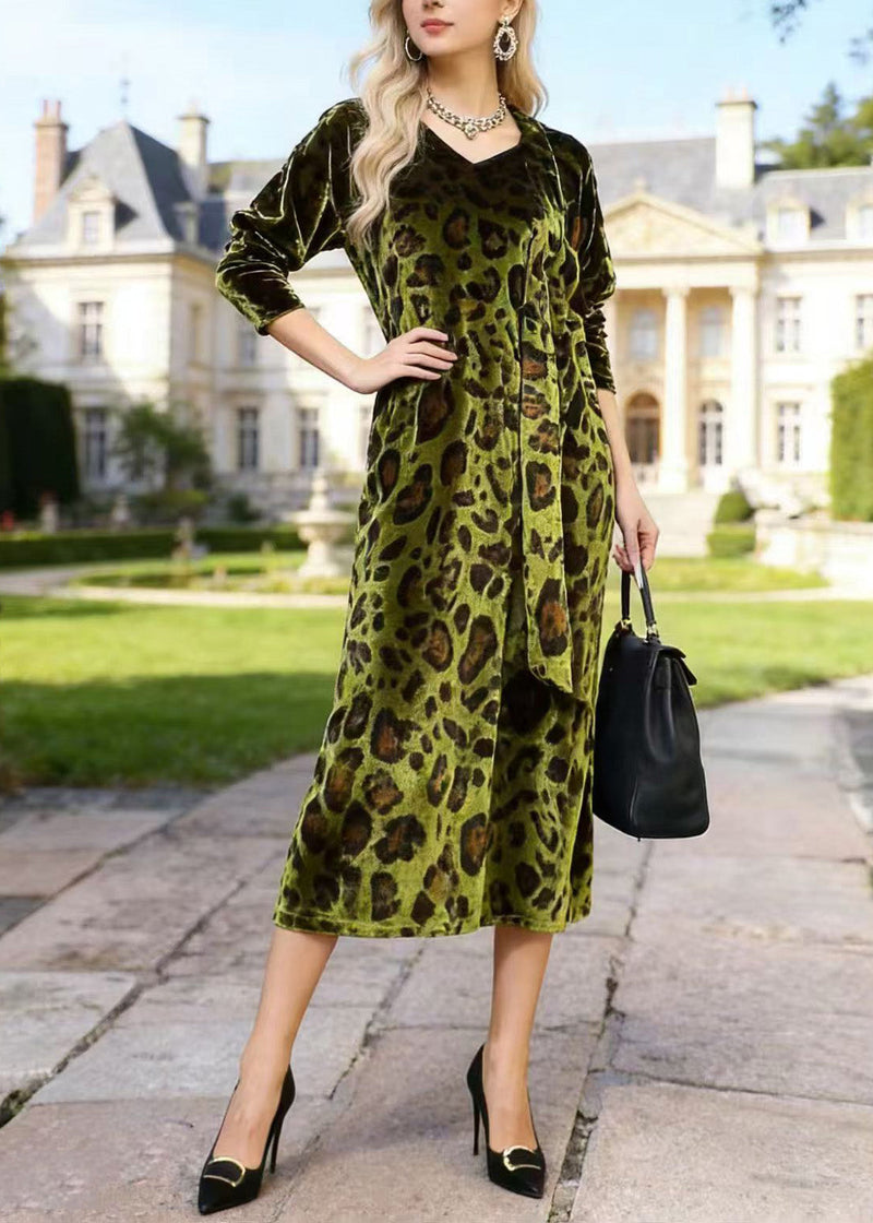 French Green V Neck Leopard Print Velvet Dress Spring