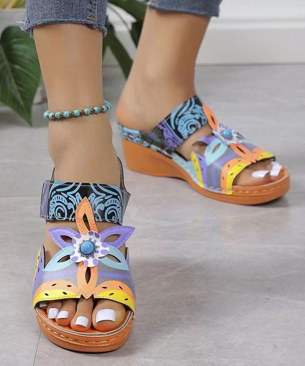 Peacock Blue Hollow Out Splicing Wedge Slide Sandals