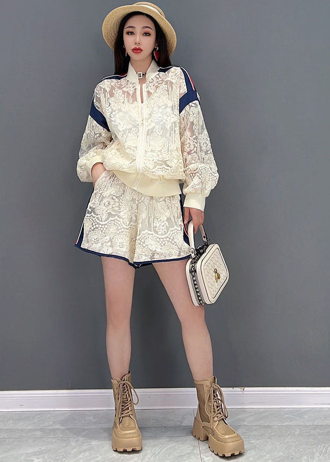French White Zippered Patchwork Lace Upf 50+ Coat Jacket and Shorts Two-piece Set Summer