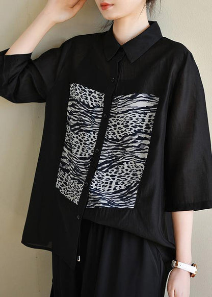Fitted Black Striped Patchwork Blouses Half Sleeve Spring
