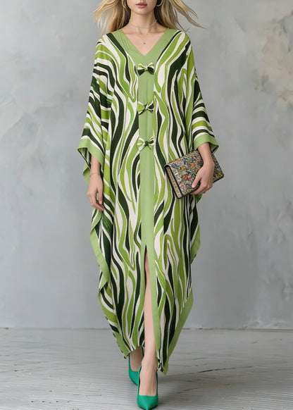 Grass Green Oversized Print Maxi Dresses Batwing Sleeve
