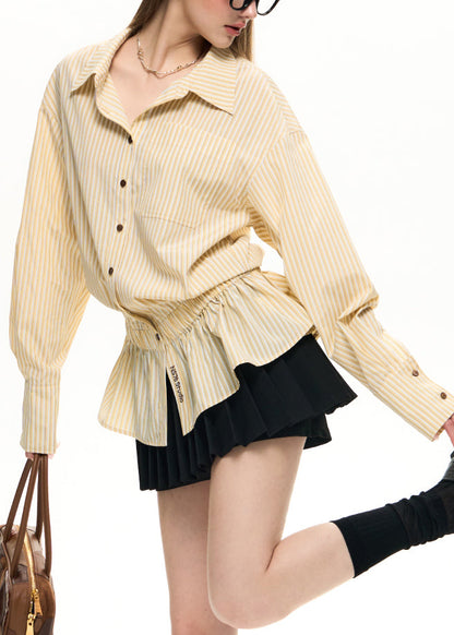 New Yellow Embroidered Striped Elastic Waist Shirt Lantern Sleeve