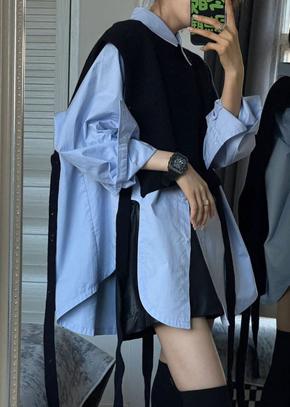 Black Shawl Knit Green Shirts Two Pieces Set Long Sleeve