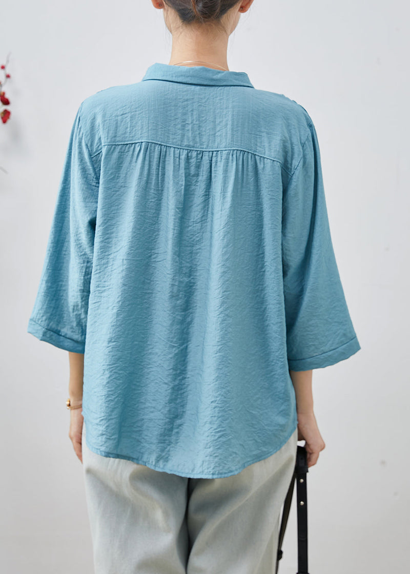 Blue Oversized Cotton Tops Bracelet Sleeve
