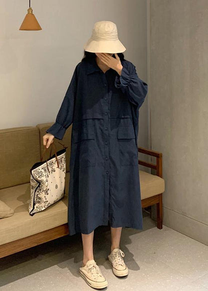 Handmade Lapel Pockets Spring Outfit Wardrobes Blue Dress