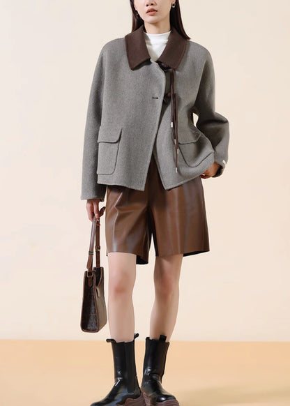 Grey Tasseled Patchwork Chinese Button Wool Coats Winter