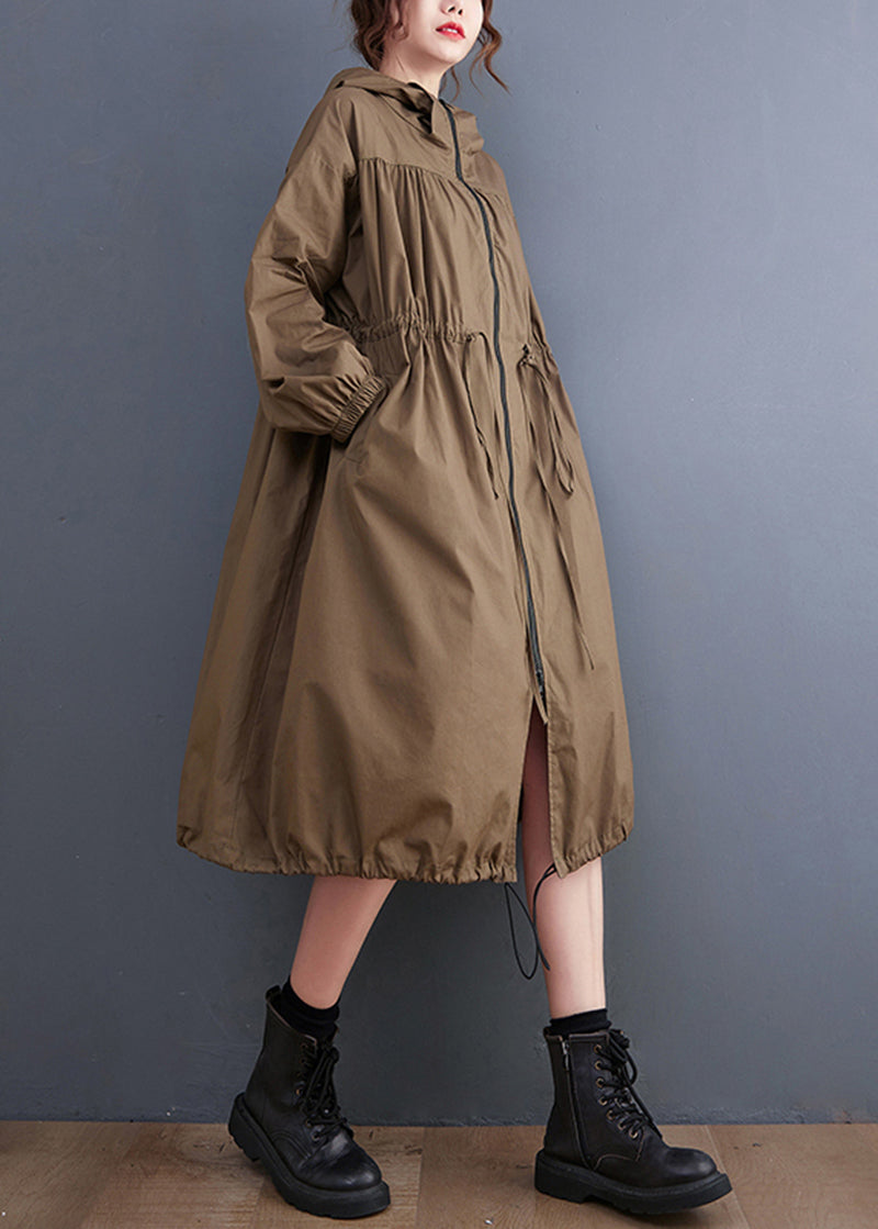 Coffee Zip Up Drawstring Wrinkled Cotton Hoodie Coat Spring