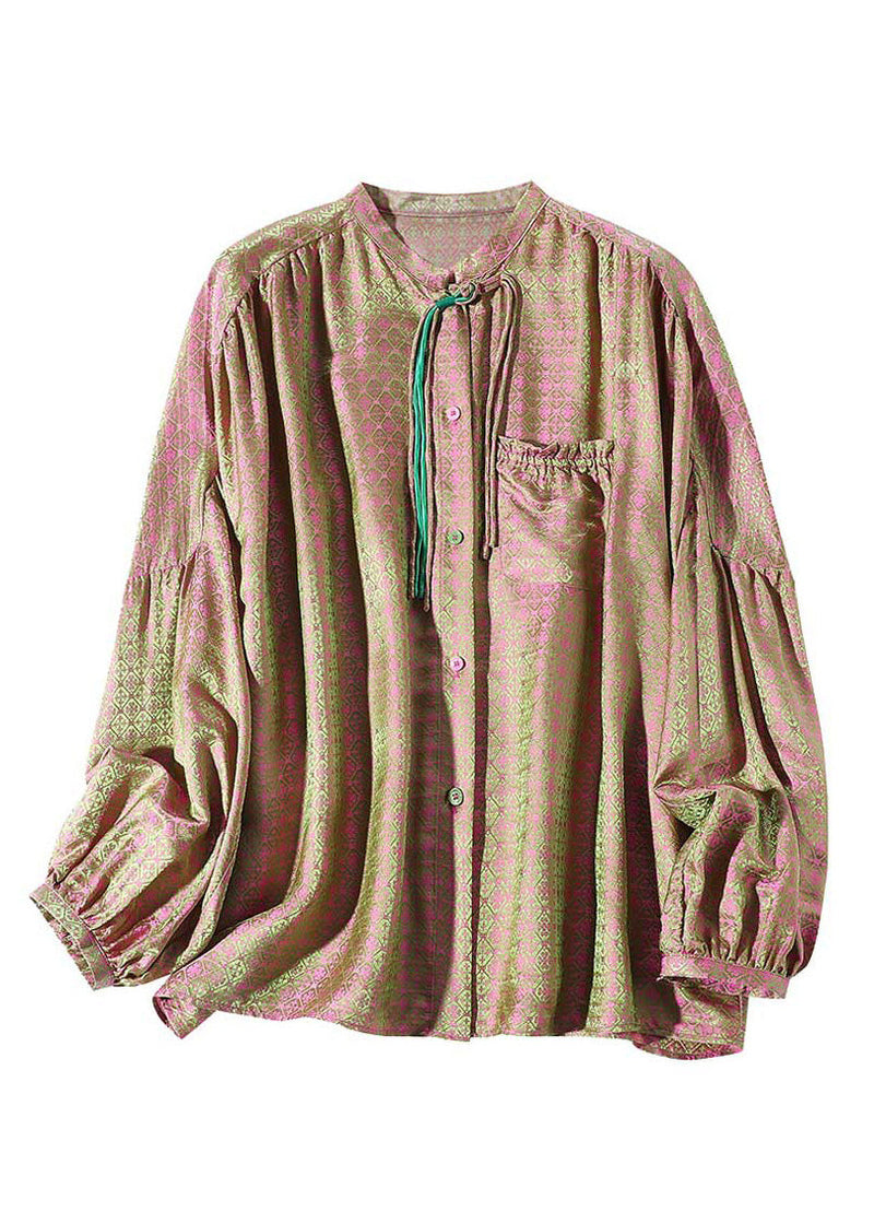 Pink Green Stand Collar Print Button Slik Shirts Lantern Sleeve
