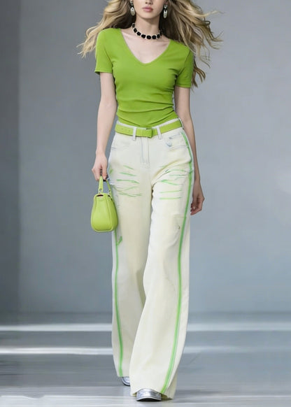 V Neck Cotton T Shirt and Jeans Two Pieces Set Summer