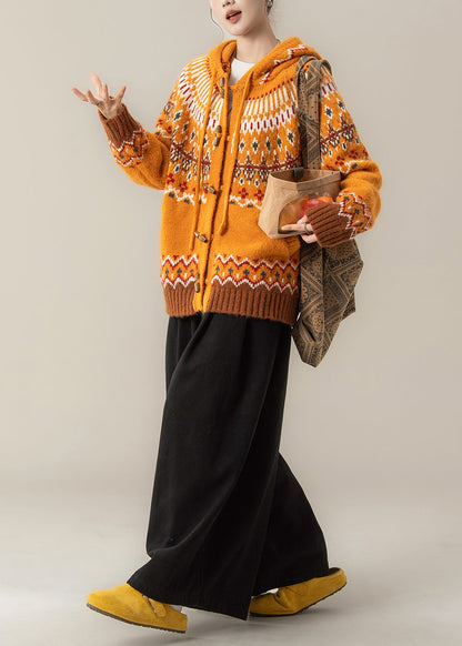 Stylish Orange Jacquard Hooded Knit Coat and Wide Leg Pants Two Pieces Set Spring
