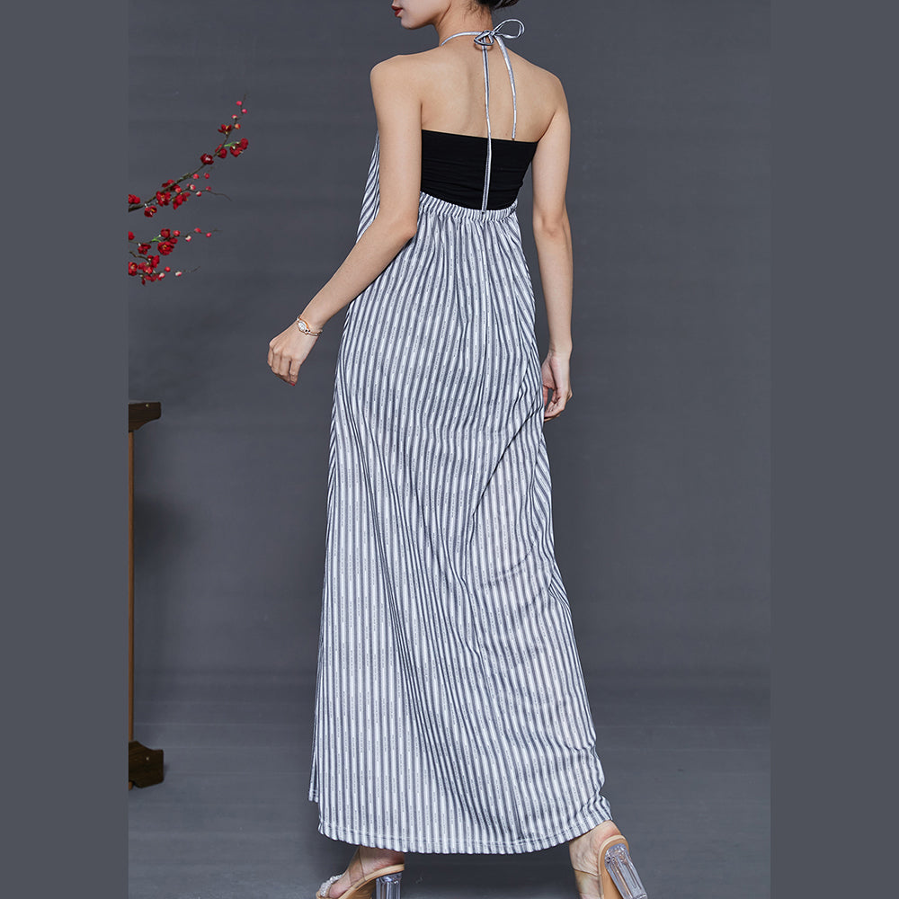 Grey Striped Backless Cotton Beach Dress Summer