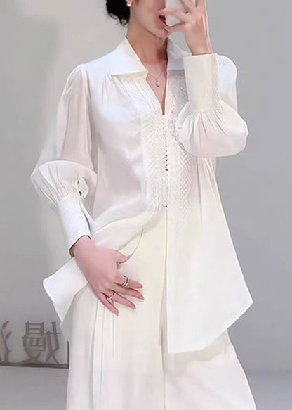 White Peter Pan Collar Jacquard Cotton Shirts Top Fall