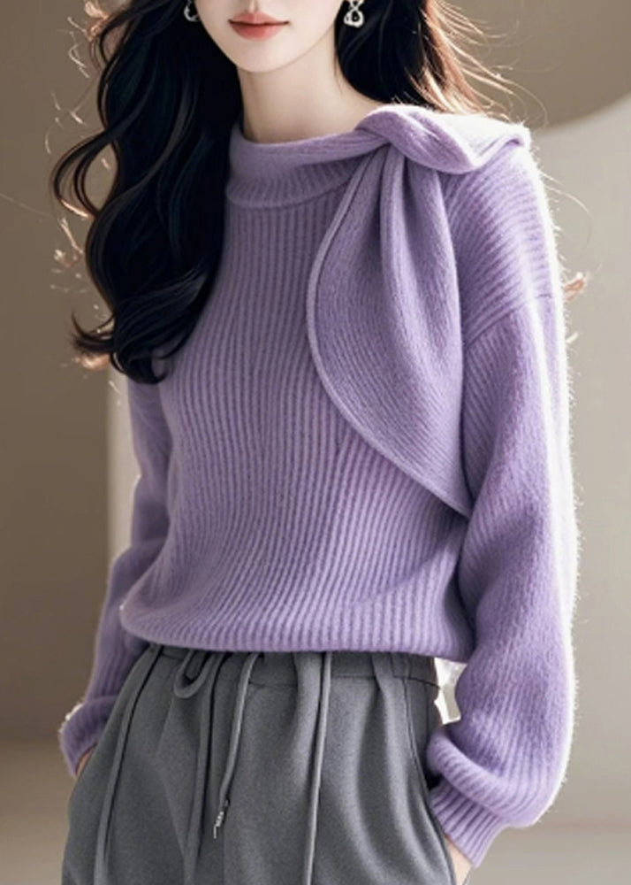 Purple O Neck Bow Knitted Sweaters Spring