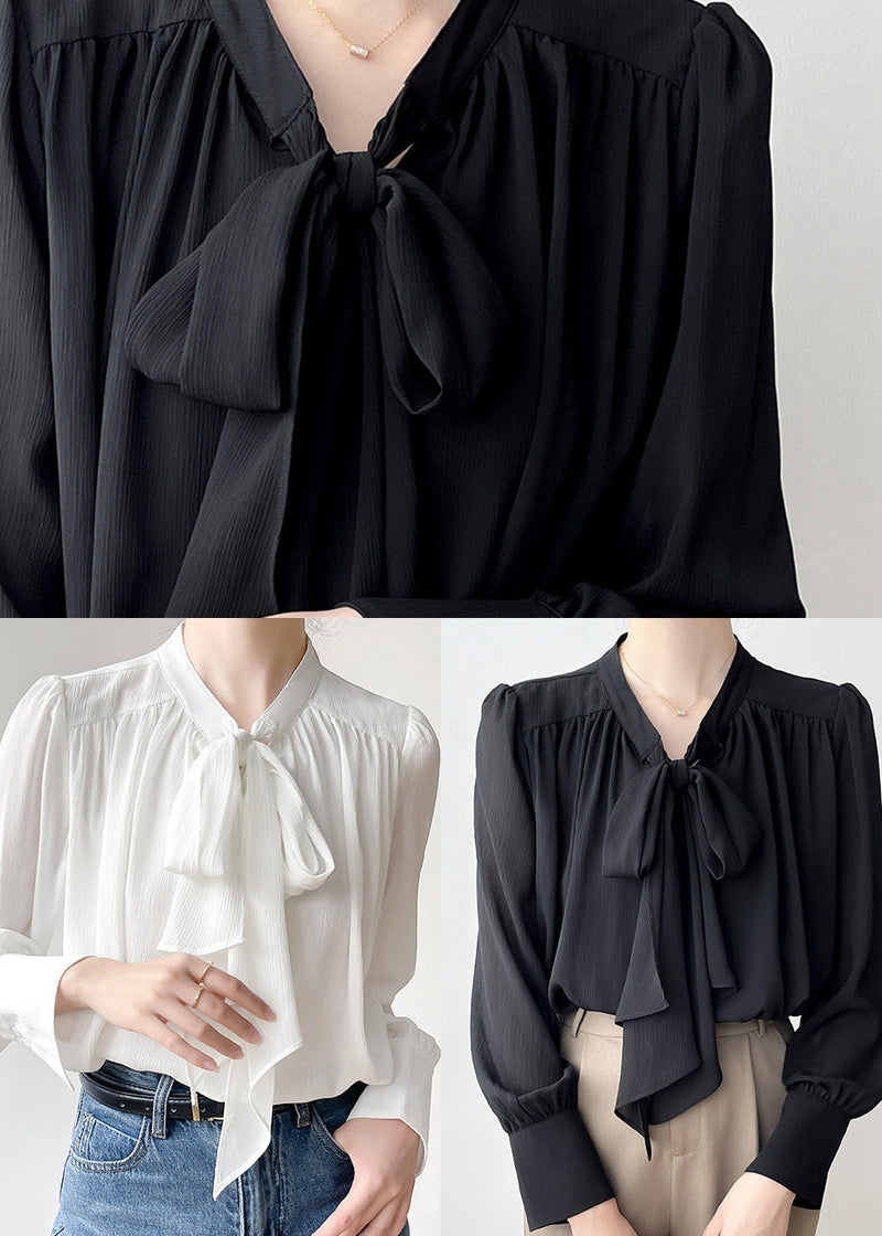White Bow Draping Chiffon Tops Spring