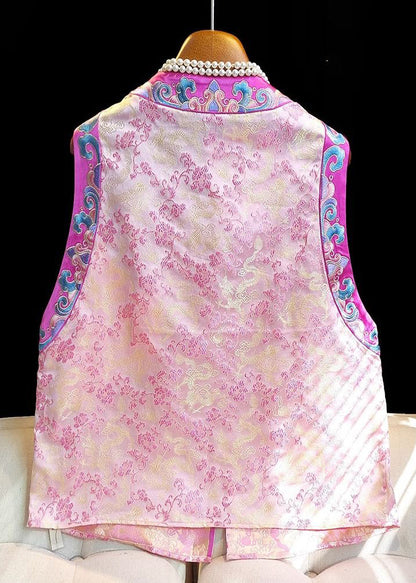 Pink Embroideried Patchwork Silk Vest Tops Sleeveless