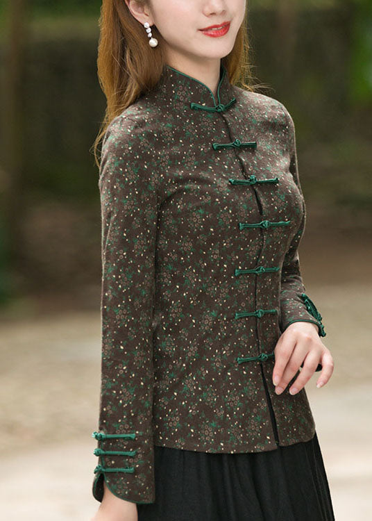 Fitted Black Stand Collar Button Print Coats Spring