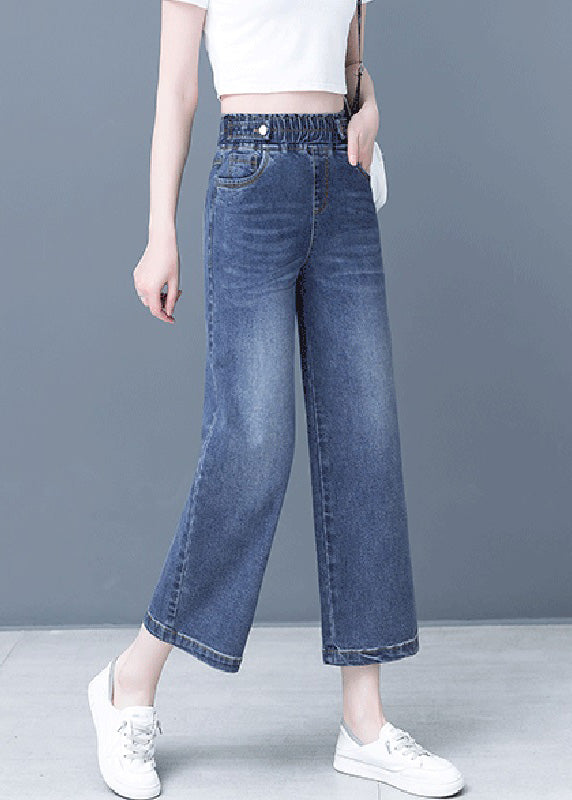 Denim Blue Patchwork Elastic Waist Crop Wide Leg Pants