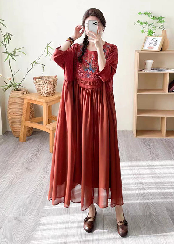 Loose Black O Neck Print Patchwork Silk Dress Summer