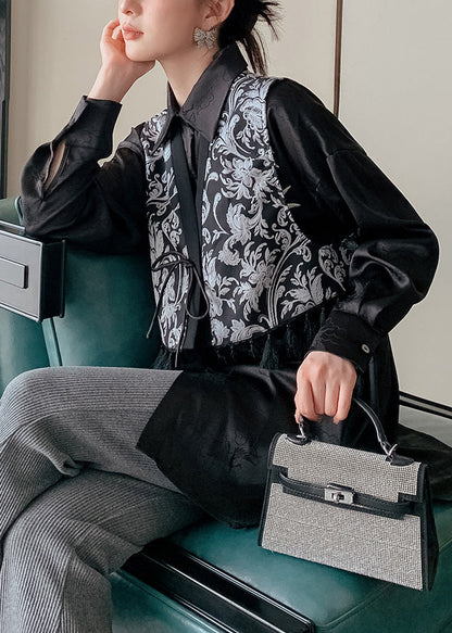 Black V Neck Print Tie Waist Waistcoat Spring