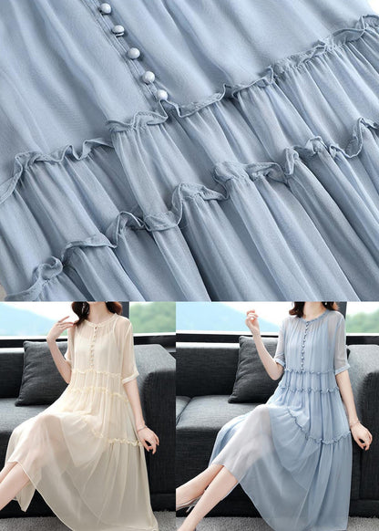 Apricot Patchwork Silk Two Pieces Set O-neck Ruffled Dress Summer