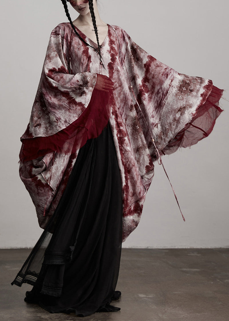 Red V Neck Asymmetrical Design Silk Cardigan Batwing Sleeve