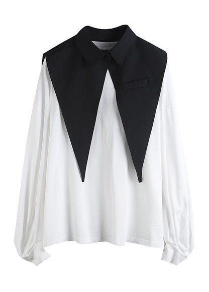 Modern White Lantern Sleeve Patchwork Peterpan Collar Fall Shirt Top