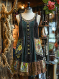 Vintage Denim Patchwork Lace Art Sleeveless Dress artswardrobe