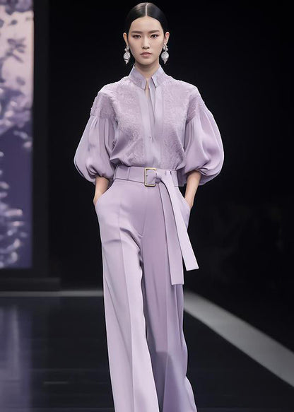 French Purple Stand Collar Sashes Spandex Two Pieces Set Lantern Sleeve Spring