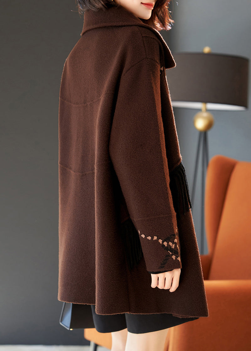 Chocolate Tasseled Patchwork Woolen Coat Outwear Spring