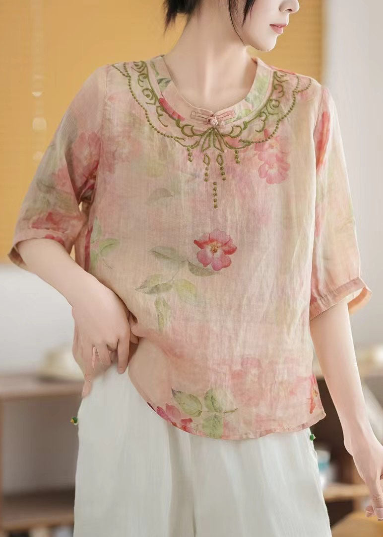 Pink Print Chinese Style Linen Top Summer