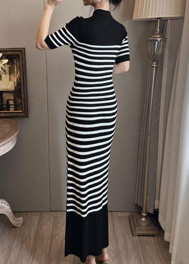Black Stand Collar Striped Knit Straight Dress Summer