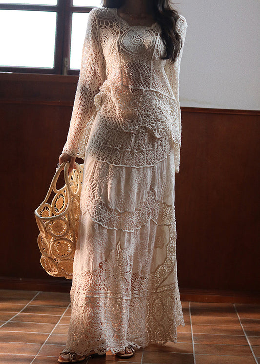 Art Beige Hollow Out Tops and Skirts Lace Two Piece Set Fall